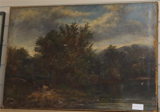 19th century English School, oil on canvas, Cattle on a path, indistinctly signed, 51 x 76cm